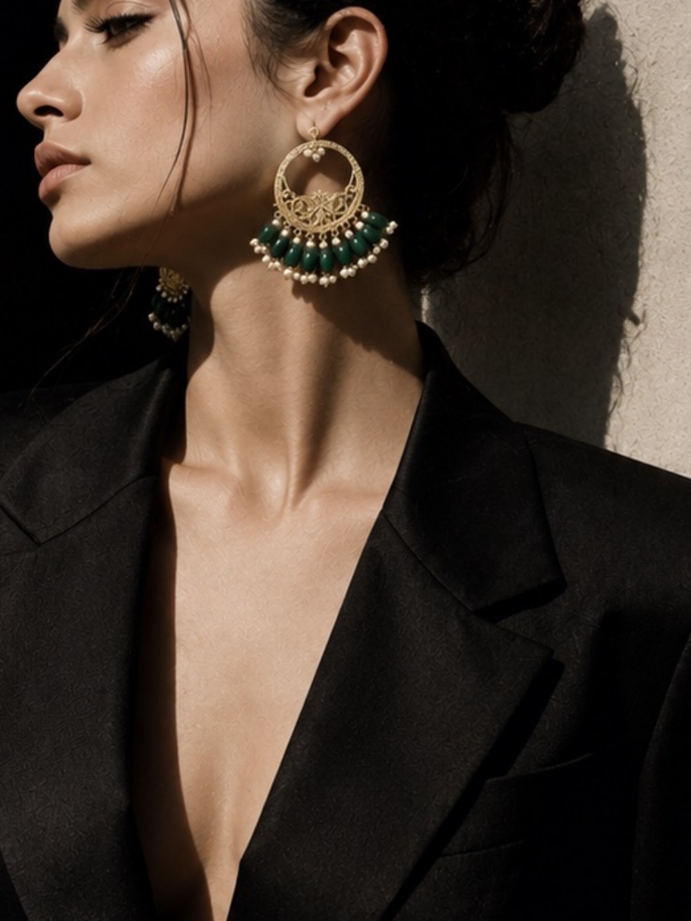 Gold Filigree Hoop Earrings with Emerald Beads - Women Jewelry